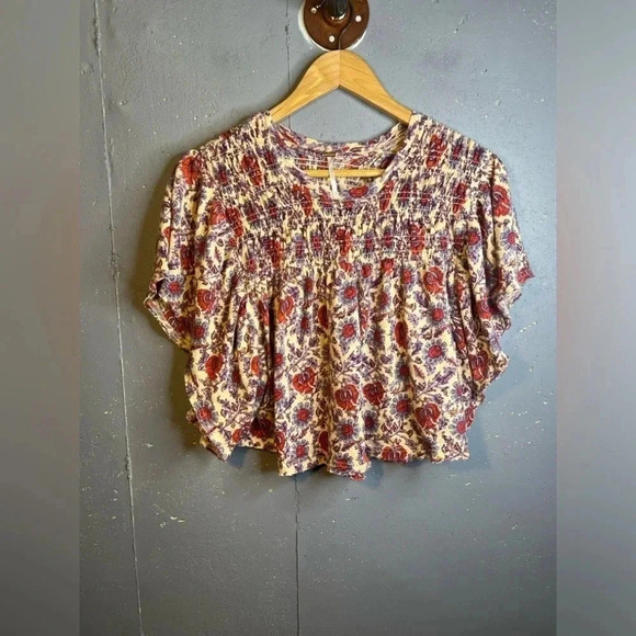 Free People Peach Combo Elastic Floral Ruffled-Up Cropped Silhouette Top Small - Picture 2 of 6